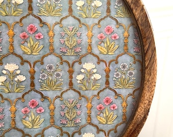 Mango Wood Serving Tray: Enamel Floral Platter, Made in India