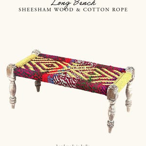 Indian Bench, Sheesham Wood & Cotton Rope- Entryway Seating Rainbow