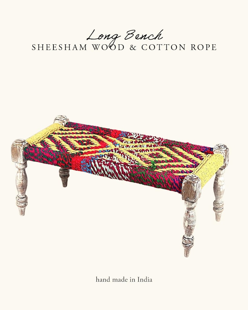 Indian Bench, Sheesham Wood & Cotton Rope- Entryway Seating Rainbow