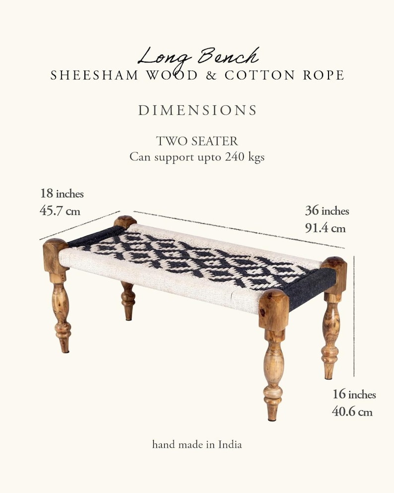 Indian Bench, Sheesham Wood & Cotton Rope- Entryway Seating image 7