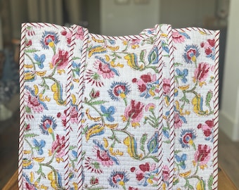 Block Print Quilted Tote Bag:  Indian prints with pocket and magnetic closure