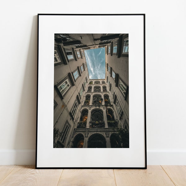 Urban architecture poster, classy matte paper print, Naples Italy original artwork, sky and building picture, windows and skyview photo