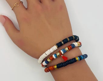 AMERICAN WOMAN Heishi Bracelet Set: Ceramic African Beads, Red White Blue