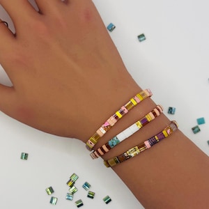 PALM SPRINGS Tila Bead Bracelet Set: Pink, Gold, Turquoise Stackable Stretch Bracelets