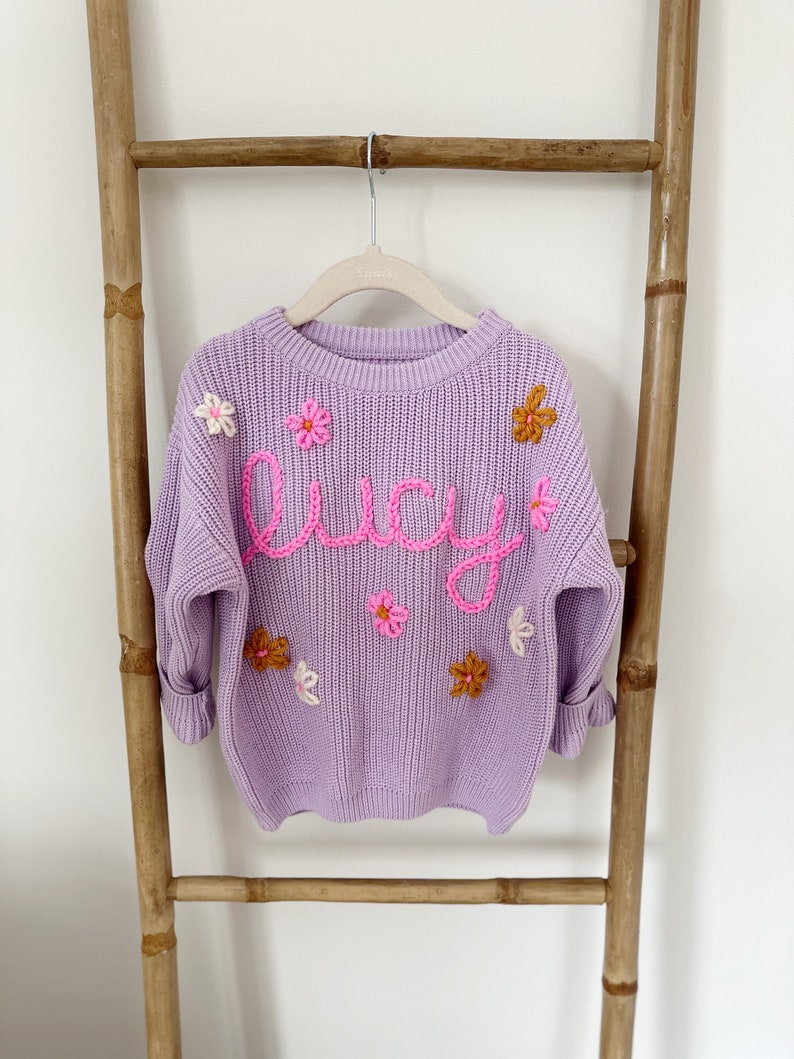 Hand Embroidered Baby Name Sweater with Flowers image 3