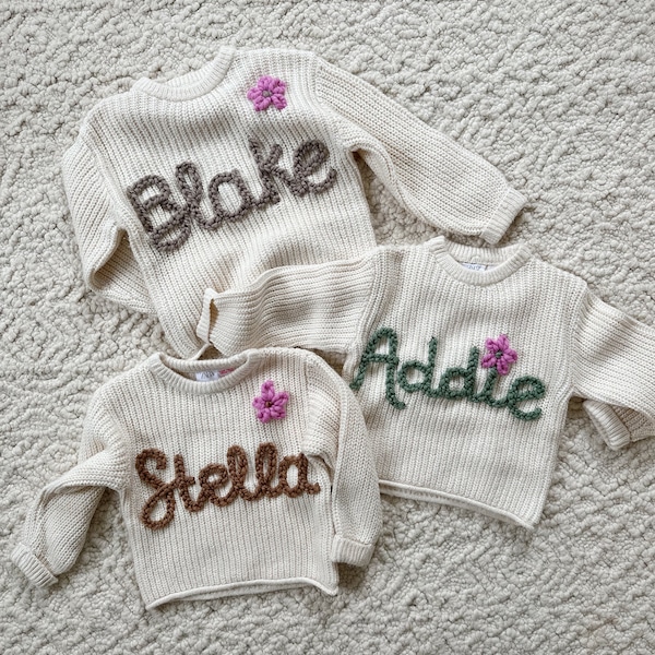 Hand Embroidered Baby Name Sweater with Flower Accent