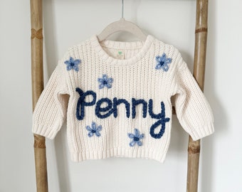 Hand Embroidered Baby Name Sweater with Flowers