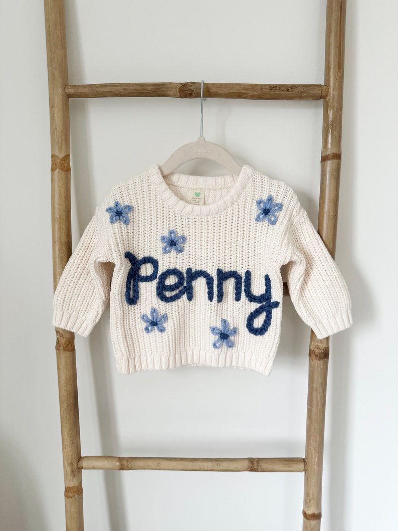 Hand Embroidered Baby Name Sweater with Flowers image 1