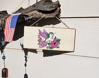 Hummingbird with flowers and paint pyrography.  made to order.