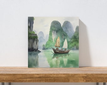 Ha Long Bay Vietnam Art Print, Watercolor, Canvas, Travel, Wall Art, Living Room Decor, Honeymoon/Anniversary Gift, For Her/Him