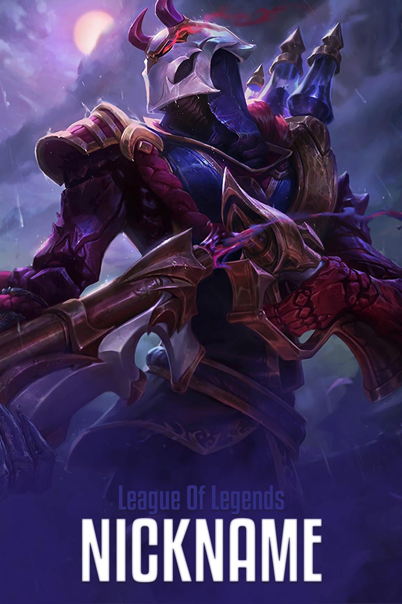 Puede incluir: Ilustraci&oacute;n digital de un personaje de League of Legends. El personaje est&aacute; blindado en tonos de morado, azul y dorado, con un casco y un arma. La imagen incluye el texto "League Of Legends" y "NICKNAME" en blanco.