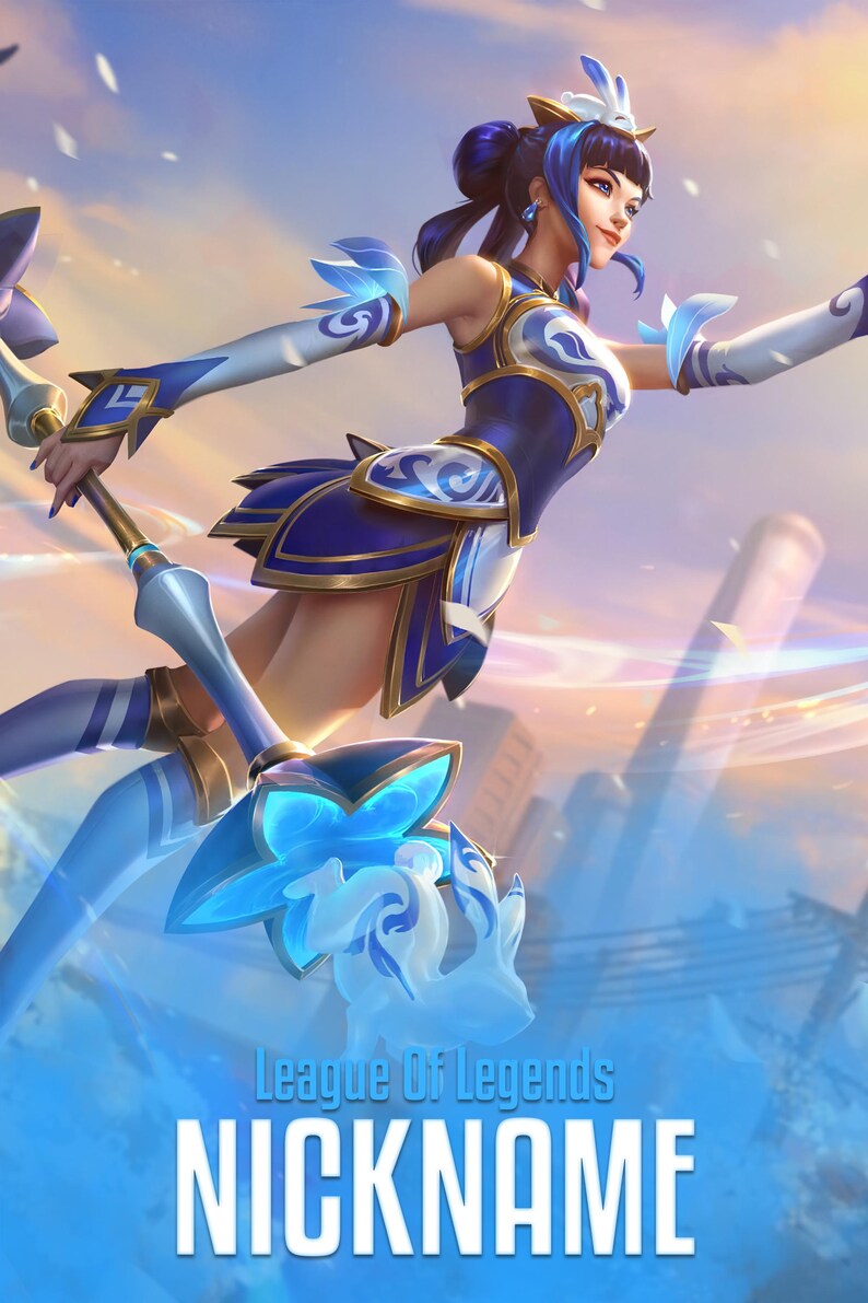 Puede incluir: Ilustraci&oacute;n digital de un personaje de League of Legends. El personaje lleva un atuendo azul y blanco y sostiene un bast&oacute;n. La imagen tiene el texto "League of Legends" y "Nickname".