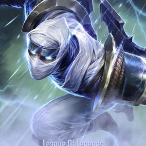 Puede incluir: Ilustraci&oacute;n digital de un personaje de League of Legends en una pose din&aacute;mica, vestido con una armadura blanca y azul. El personaje lleva una cubierta para la cabeza blanca y una m&aacute;scara. Incluye el texto "League of Legends" y "Nickname".
