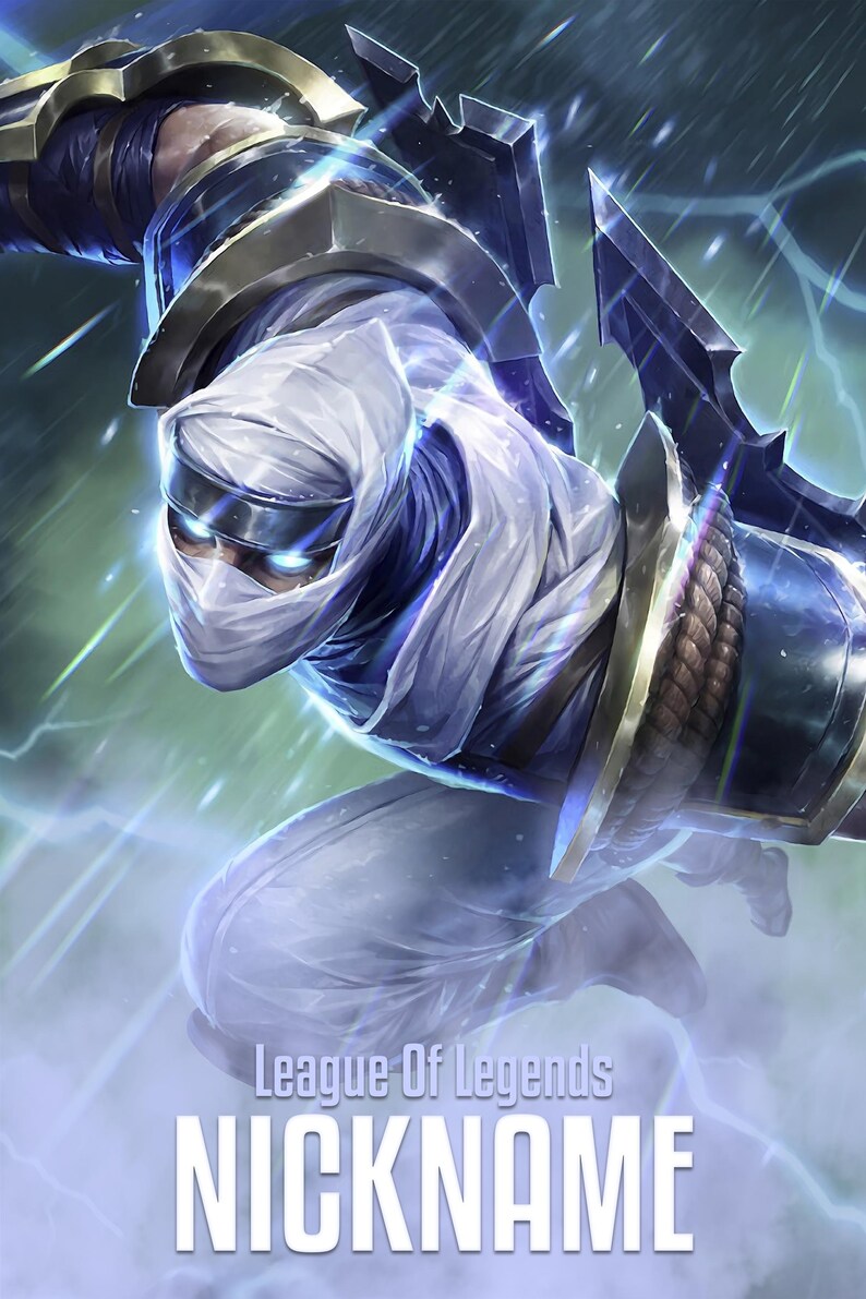 Puede incluir: Ilustraci&oacute;n digital de un personaje de League of Legends en una pose din&aacute;mica, vestido con una armadura blanca y azul. El personaje lleva una cubierta para la cabeza blanca y una m&aacute;scara. Incluye el texto "League of Legends" y "Nickname".