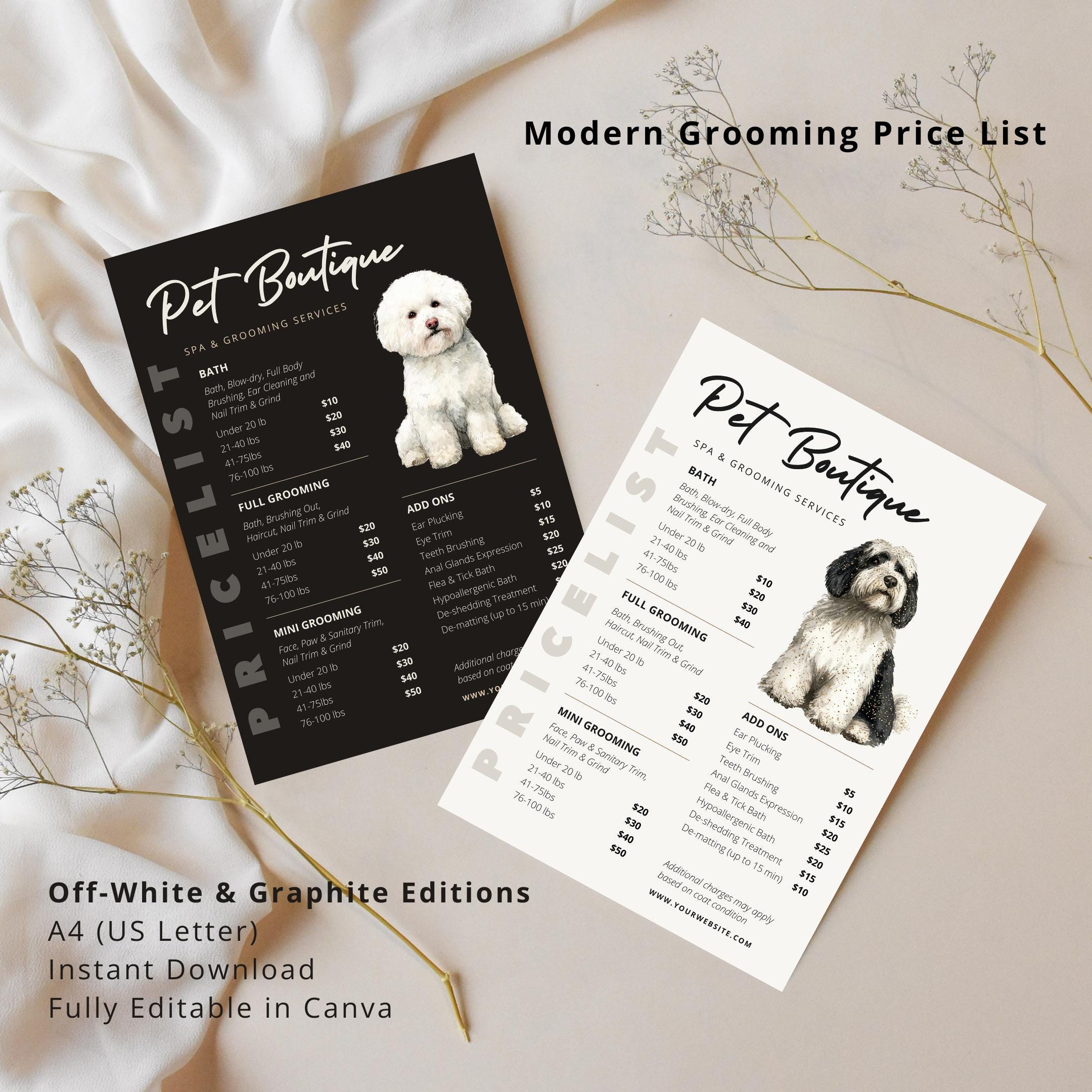 Dog Grooming Price List Template, Editable Canva Grooming Pricing, Add ...