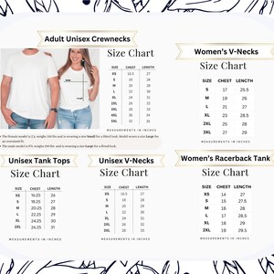 May include: Apparel size charts for adult unisex crewnecks, women's V-necks, unisex tank tops, unisex V-necks, and women's racerback tanks. Measurements are in inches, with chest and length dimensions provided for each size.