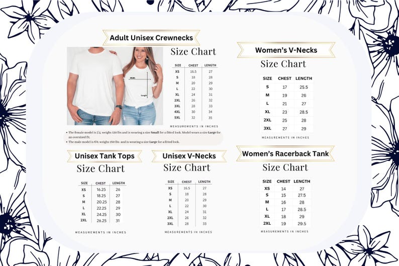 May include: Apparel size charts for adult unisex crewnecks, women's V-necks, unisex tank tops, unisex V-necks, and women's racerback tanks. Measurements are in inches, with chest and length dimensions provided for each size.