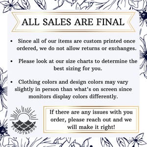 May include: A white background with a floral design and the text "ALL SALES ARE FINAL." Further text provides details on returns, sizing, and colour variations. The Fluidtrends logo is also present.