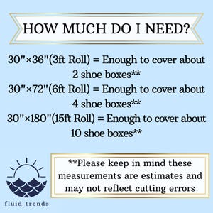May include: A light blue graphic with text that reads "HOW MUCH DO I NEED?" and size estimates for a product. The text includes measurements in inches and feet, along with the number of shoe boxes each roll can cover.
