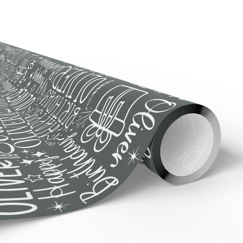 May include: Rolled gray wrapping paper with white text and illustrations. The design includes the name "Oliver", the words "Happy Birthday", and gift box illustrations. The paper is suitable for wrapping birthday gifts.