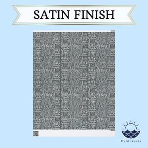 May include: A gray satin finish paper with a repeating pattern of the name "Oliver", "Happy Birthday", and birthday-themed graphics in white. The words "SATIN FINISH" are at the top.