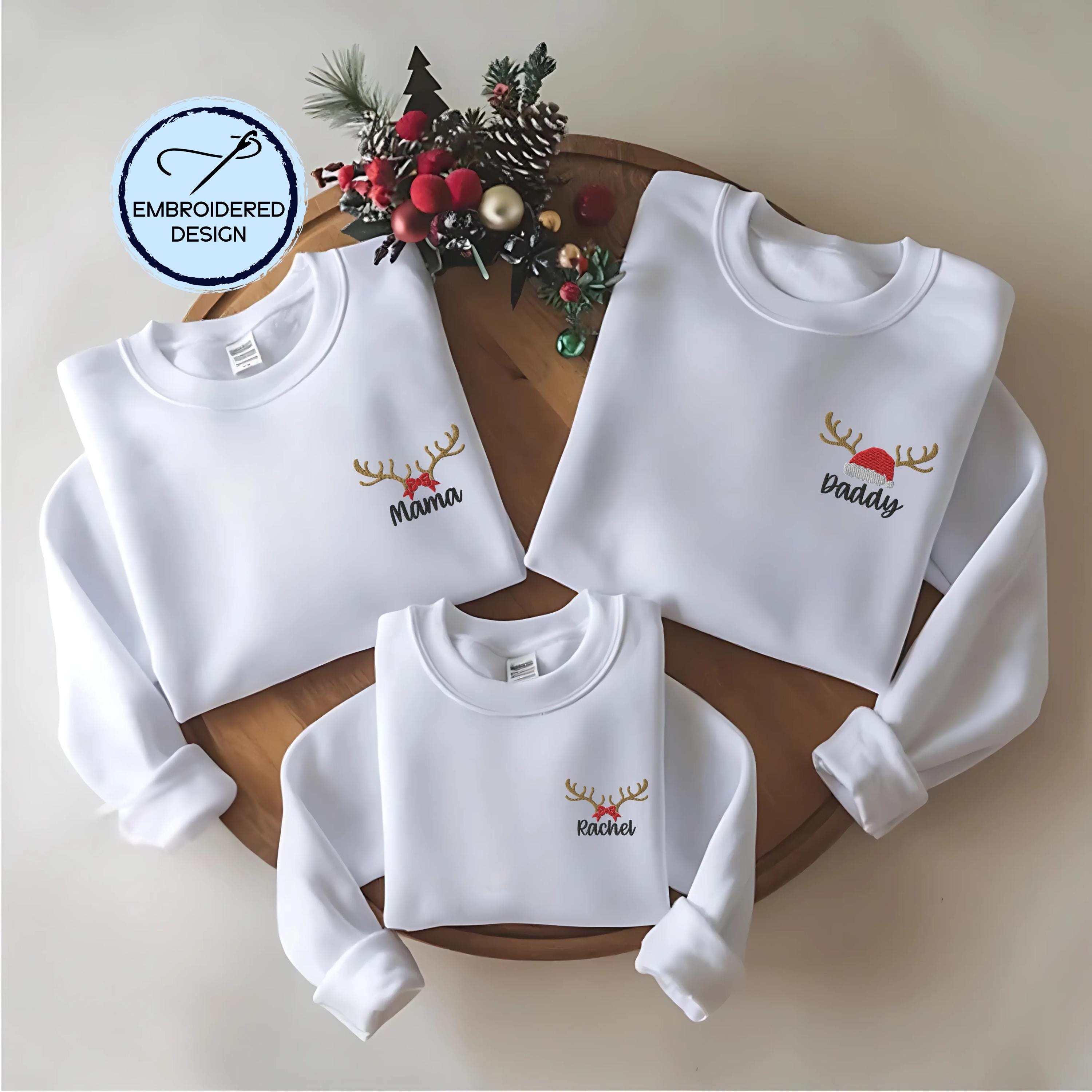 Embroidered Christmas Sweatshirts – Family Matching Personalized Christmas Sweatshirts, Reindeer & Santa Hat Designs, Bulk Holiday Gifts