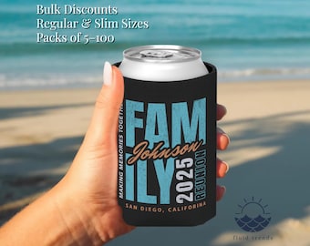 Family Reunion Can Coolers – Bulk Reunion Favors – Slim & Regular Sizes – Reunion Gifts – Packs of 5–100 – Personalized Coolers