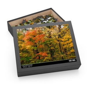 May include: A 16x20 inch puzzle box with an open lid, revealing a partially assembled puzzle. The puzzle image depicts a vibrant autumn forest with trees in shades of red, orange, yellow, and green. The box is black with text that reads "16x20 Puzzle 500 pcs Ages 9+".