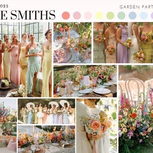 May include: A wedding inspiration board with the text "THE SMITHS" and the date "08.12.2025". The board features a color palette of pastel pink, yellow, green, blue, and purple. The board also includes images of bridesmaids in pastel dresses, floral arrangements, and a wedding ceremony setup.