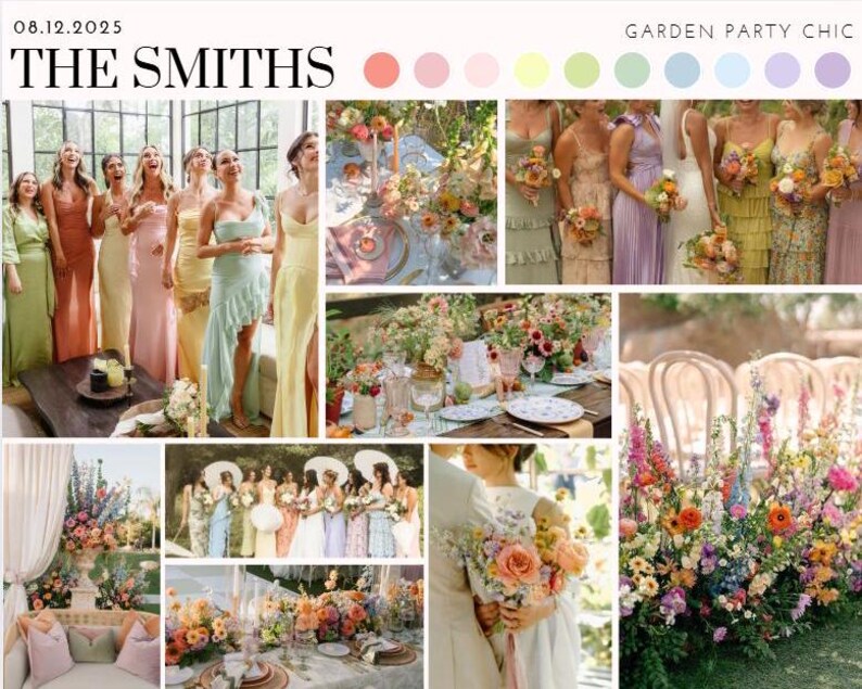 May include: A wedding inspiration board with the text "THE SMITHS" and the date "08.12.2025". The board features a color palette of pastel pink, yellow, green, blue, and purple. The board also includes images of bridesmaids in pastel dresses, floral arrangements, and a wedding ceremony setup.