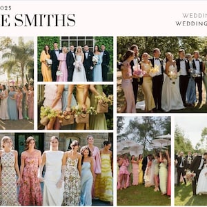 May include: A collage of photos from a wedding celebration. The photos show the wedding party, the bride and groom, and guests. The photos are arranged in a grid pattern. The text "THE SMITHS" and "WEDDING PARTY" is visible in the image.