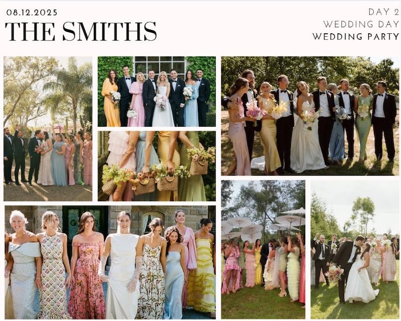 May include: A collage of photos from a wedding celebration. The photos show the wedding party, the bride and groom, and guests. The photos are arranged in a grid pattern. The text "THE SMITHS" and "WEDDING PARTY" is visible in the image.