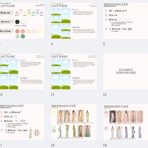 May include: A wedding planning guide with a green, blue, and white color scheme. The guide includes a bridesmaid guide, a mood board, and a section on the wedding party. The guide also includes a section on the wedding ceremony and reception.