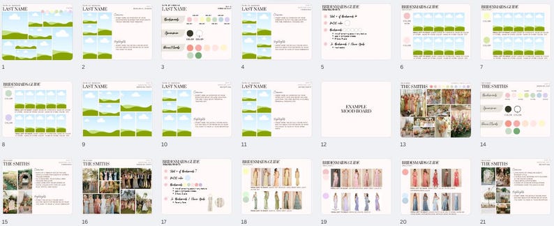 May include: A wedding planning guide with a green, blue, and white color scheme. The guide includes a bridesmaid guide, a mood board, and a section on the wedding party. The guide also includes a section on the wedding ceremony and reception.