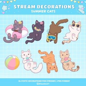 Puede incluir: Una colección de ocho ilustraciones de gatos de dibujos animados con temática veraniega. Los gatos se representan con accesorios como gafas de sol, un esnórquel y una guirnalda de flores. El fondo es azul claro con el texto "Stream Decorations Summer Cats".