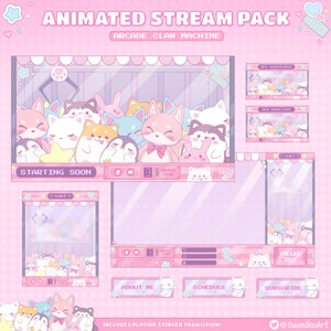 Pacote de Stream Animado - Pacote Cute Arcade Claw Machine para Twitch, Youtube | Contração muscular | Sobreposição fofa do Twitch | Alertas Twitch | Ferrão
