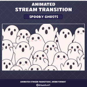 May include: An animated stream transition graphic titled ANIMATED STREAM TRANSITION SPOOKY GHOSTS. The image features a collection of pale, cartoon-style ghosts with simple black eyes and mouths, some with pink cheeks, set against a dark background.