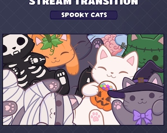 May include: Animated Halloween-themed stream transition featuring a group of cute cats dressed in spooky costumes. The cats are wearing costumes such as a skeleton, a mummy, a pumpkin, a witch, and a zombie. The text "Spooky Cats" is displayed above the image.