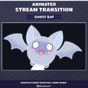 Puede incluir: Un gráfico de transición de transmisión animado titulado ANIMATED STREAM TRANSITION GHOST BAT. Presenta un murciélago de dibujos animados de color púrpura claro y brillante con ojos blancos grandes, mejillas rosadas y una boca pequeña con colmillos. El texto en la parte inferior dice ANIMATED STINGER TRANSITION | .WEBM FORMAT y @SuonikoArt.
