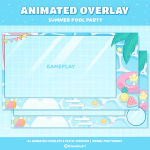 Animowana nakładka Summer Pool Party | Urocze nakładki na strumienie | Twitch | YouTube | Motyw Sea Ocean Water | Nakładka Gamer | Aquatic Blue | Aqua