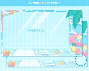 Animated Summer Pool Party Overlay | Cute Stream Overlays | Twitch | YouTube | Sea Ocean Water Theme | Gamer Overlay | Aquatic Blue | Aqua