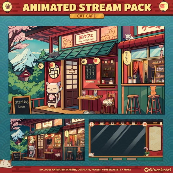 Animated Stream Package - Cozy Japanese Cat Cafe Package for Twitch, Youtube | Twitch | Cute Twitch Overlay | Twitch Alerts | Japan | lofi
