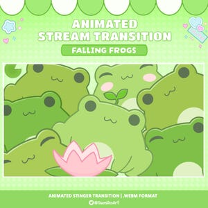以下が含まれることがあります： 緑をテーマにしたアニメーションストリームトランジションのグラフィック。さまざまな緑色の色合いの漫画のカエルとピンクのスイレンが特徴です。「ANIMATED STREAM TRANSITION」と「FALLING FROGS」というテキストが表示されています。