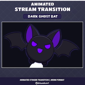 May include: An animated stream transition graphic titled ANIMATED STREAM TRANSITION DARK GHOST BAT. It features a round black bat character with purple inner ears, glowing purple eyes, and a small mouth with two fangs, set against a dark background.