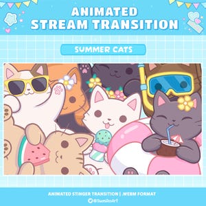 Peut inclure: Graphique animé pour une transition de flux avec des chats de dessin animé sur le thème de l'été. Les chats portent des lunettes de soleil, des fleurs et des accessoires de plage. Le texte comprend "Animated Stream Transition" et "Summer Cats."