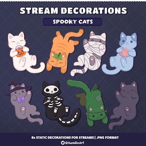 Puede incluir: Decoraciones digitales para streaming tituladas STREAM DECORATIONS SPOOKY CATS que muestran ocho gatos ilustrados con varios disfraces, incluyendo calabaza, momia, bruja, esqueleto y monstruo de Frankenstein, en formato .PNG por SuonikoArt.