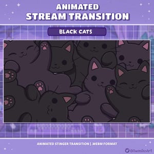 以下が含まれることがあります： アニメーションストリームトランジション。漫画の黒猫が特徴です。猫はピンク色の内耳と肉球を持っています。「ANIMATED STREAM TRANSITION」と「BLACK CATS」の文字が上部に表示されます。下部のテキストは「ANIMATED STINGER TRANSITION | .WEBM FORMAT」です。