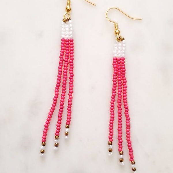 Long Pink Earrings, Pink Beaded Tassel Earrings, Pink Fringe Earrings, Pink Dangle Earrings