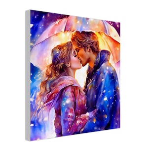 Lienzo Beso romántico Besos de amantes Besos bajo la lluvia Pareja besándose bajo el paraguas Regalo del día de San Valentín Regalo de amor romántico Familia