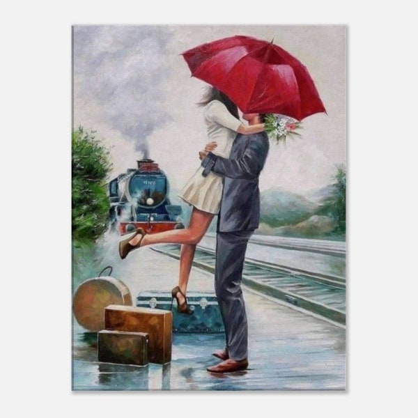 Lovers Reunion Art Picture Meeting Of Loving Hearts Love Art Picture Lovers under Umbrella Kissing Couple Valentine Day Art Allen8